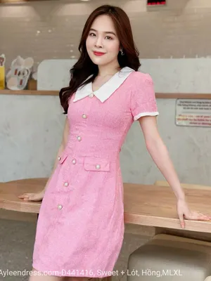 Đầm chữ A màu hồng cổ phối thanh lịch
