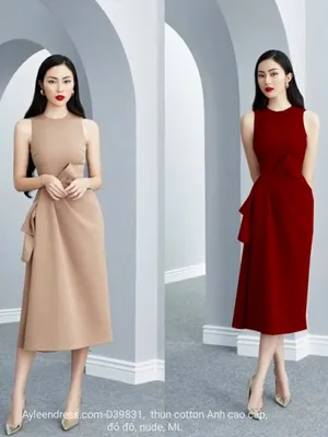 Đầm xoè cổ tròn nơ eo