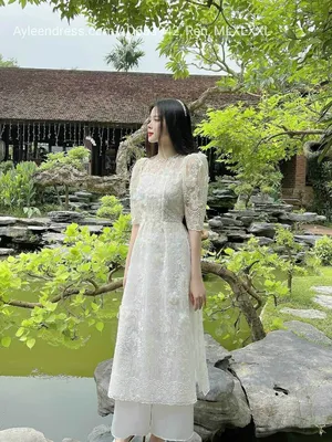 Set áo dài ren trắng kết hoa cao cấp