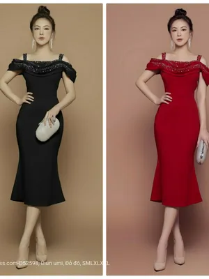 Đầm dự tiệc trễ vai đính hạt