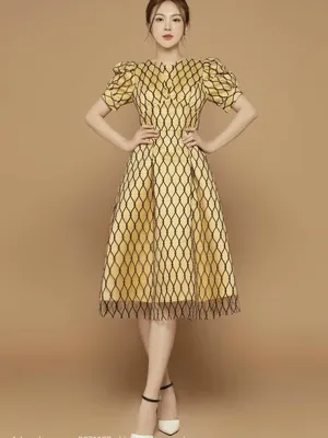 Đầm xoè tay phồng lưới caro