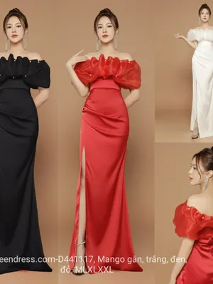 Đầm dạ hội xẻ tà phối voan trễ vai