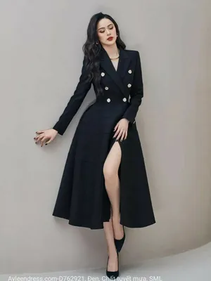 Đầm xòe cổ vest tay dài công sở xẻ tà phối nút màu đen