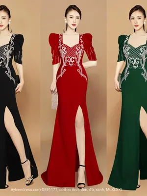Đầm dạ hội tay phồng kết cầu kỳ