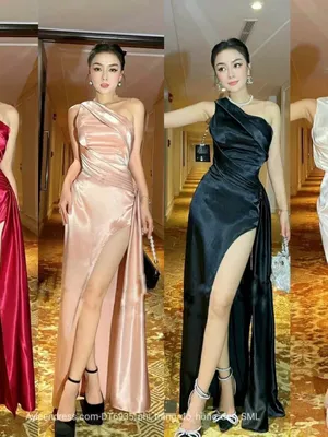Đầm dạ hội lệch vai xẻ tà tạo nếp gấp