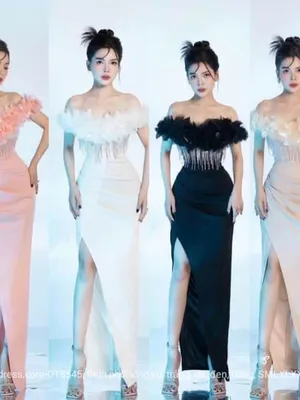 Đầm dạ hội trễ vai đính lông vũ kết hạt