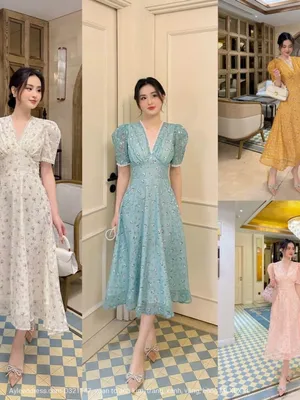 Đầm xòe hoa nhí cổ tim phối ren