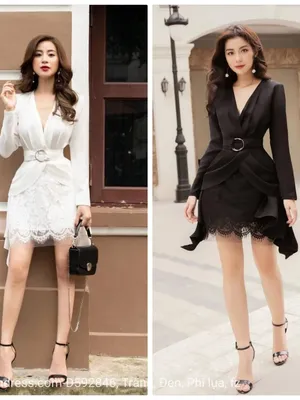Đầm chữ A cổ V chéo ngực tay dài phối ren kèm đai