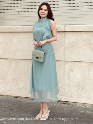 Set chân váy dài chữ A áo cổ lọ màu xanh ngọc