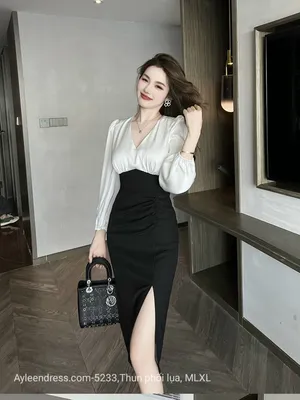 Đầm body phối lụa cổ V cao cấp