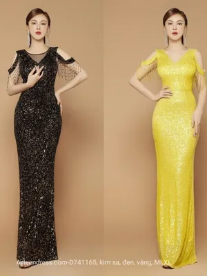 Đầm dạ hội kim sa rớt vai tua rua