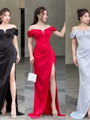 Đầm dạ hội rớt vai 3 xếp ly
