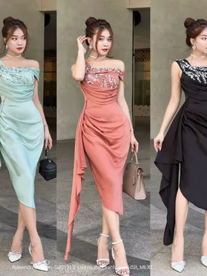 Đầm ôm lệch vai cut out đính kim sa