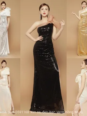 Đầm kim sa lệch vai phối nơ voan kiếng