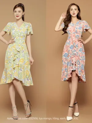 Váy hoa cổ tim đuôi cá nhún bèo