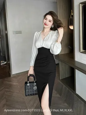 Đầm body phối lụa nửa thân đen trắng cổ V cao cấp