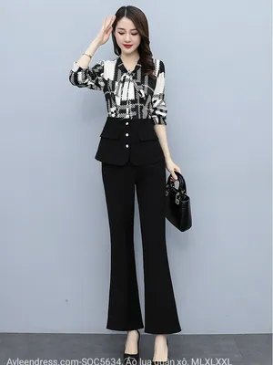 Set sơ mi phối lụa cổ nơ cao cấp