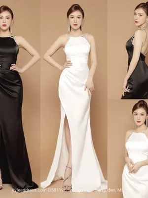 Đầm dạ hội cổ yếm đính dây pha lê màu trắng đen