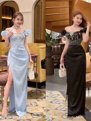Dạ hội trễ vai phối voan đính đá gương