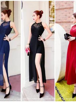 Đầm maxi cổ yếm phối ren xẻ tà