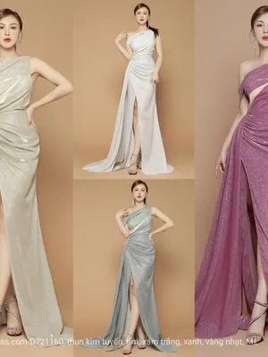 Dạ hội kim tuyến trễ vai nhún tà