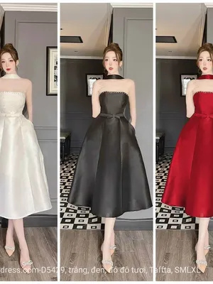 Đầm cúp ngực dây eo cổ nơ kết đá tua rua