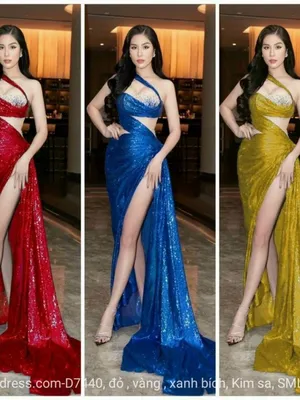 Đầm kim sa phối lưới da kết đá cúp chéo ngực