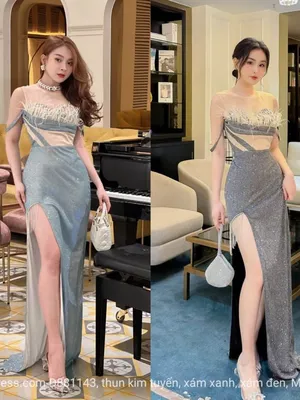 Đầm dạ hội kim tuyến kết dây pha lê đùi kết lông V1