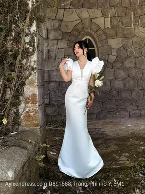 Đầm dạ hội tay kiểu hai tầng xẻ ngực chữ V phối lưới