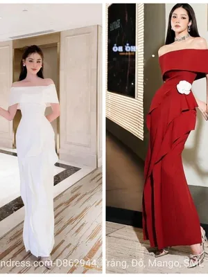 Đầm dự tiệc dáng dạ hội hở vai ngang phối bèo (KHÔNG KÈM HOA)