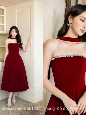 Đầm xòe nhung đính đá kèm dây choàng rời