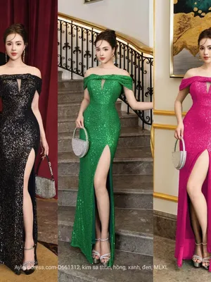 Đầm Dạ hội kim sa xoắn vai