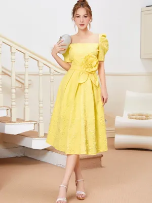 Đầm xòe tay ngắn cổ lưới dạ eo hoa hồng lớn