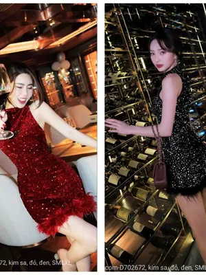 Đầm kim sa cổ lọ yếm lai kết lông đà điểu