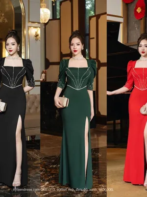 Đầm dạ hội cổ vuông tay lửng kết pha lê