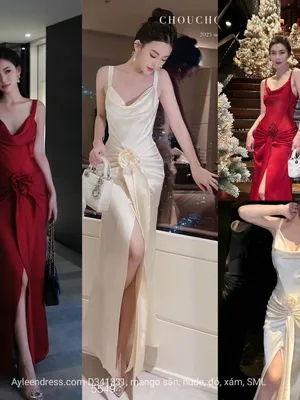 Đầm dạ hội hở lưng xếp ly eo đính bông siêu rẻ