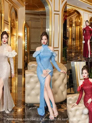 Đầm dạ hội cổ yếm tay dài rớt vai