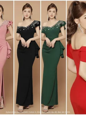 Đầm dạ hội tay ngắn lệch vai đính đá tứ giác