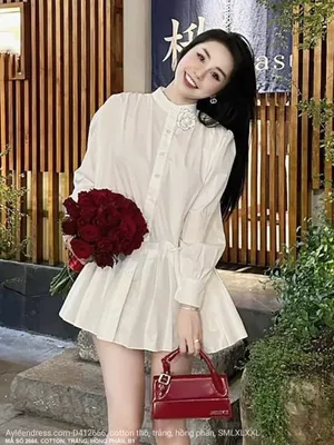 Áo sơ mi tay dài cổ trụ giả váy xếp ly