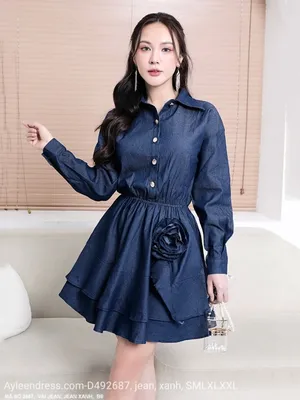 Đầm jean sơ mi xòe tay dài đính hoa