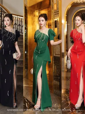 Đầm Dạ hội cổ xéo đính pha lê