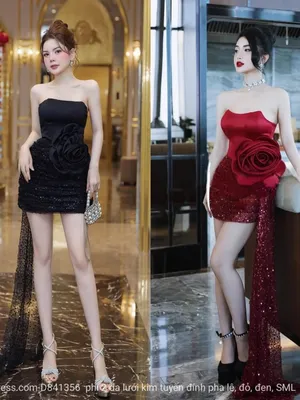 Đầm ngắn cúp ngực chân váy kim tuyến tà bay