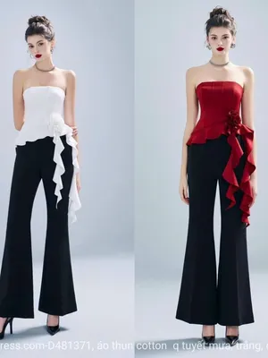 Set quần đen áo đỏ cúp ngực đính hoa eo dây