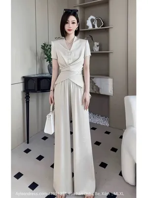 Set bộ áo phom dài chéo eo phối quần dài ống rộng phong cách