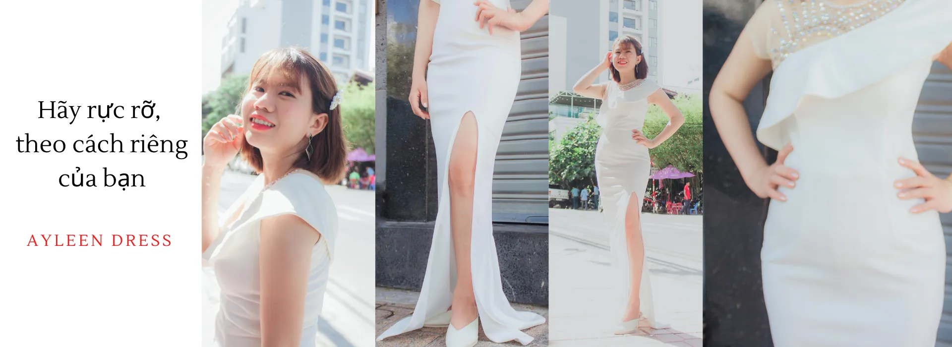 Đầm dạ hội trắng đính hạt xẻ tà sang trọng