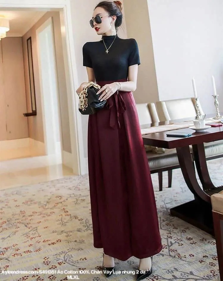 Đầm lụa suông tay liền cổ V cột eo – infashionvn