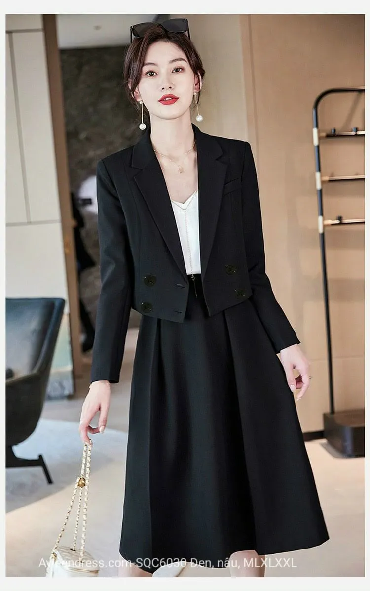 Bộ vest, sét vest nữ công sở cao cấp màu đen áo tay dài kết hợp chân váy