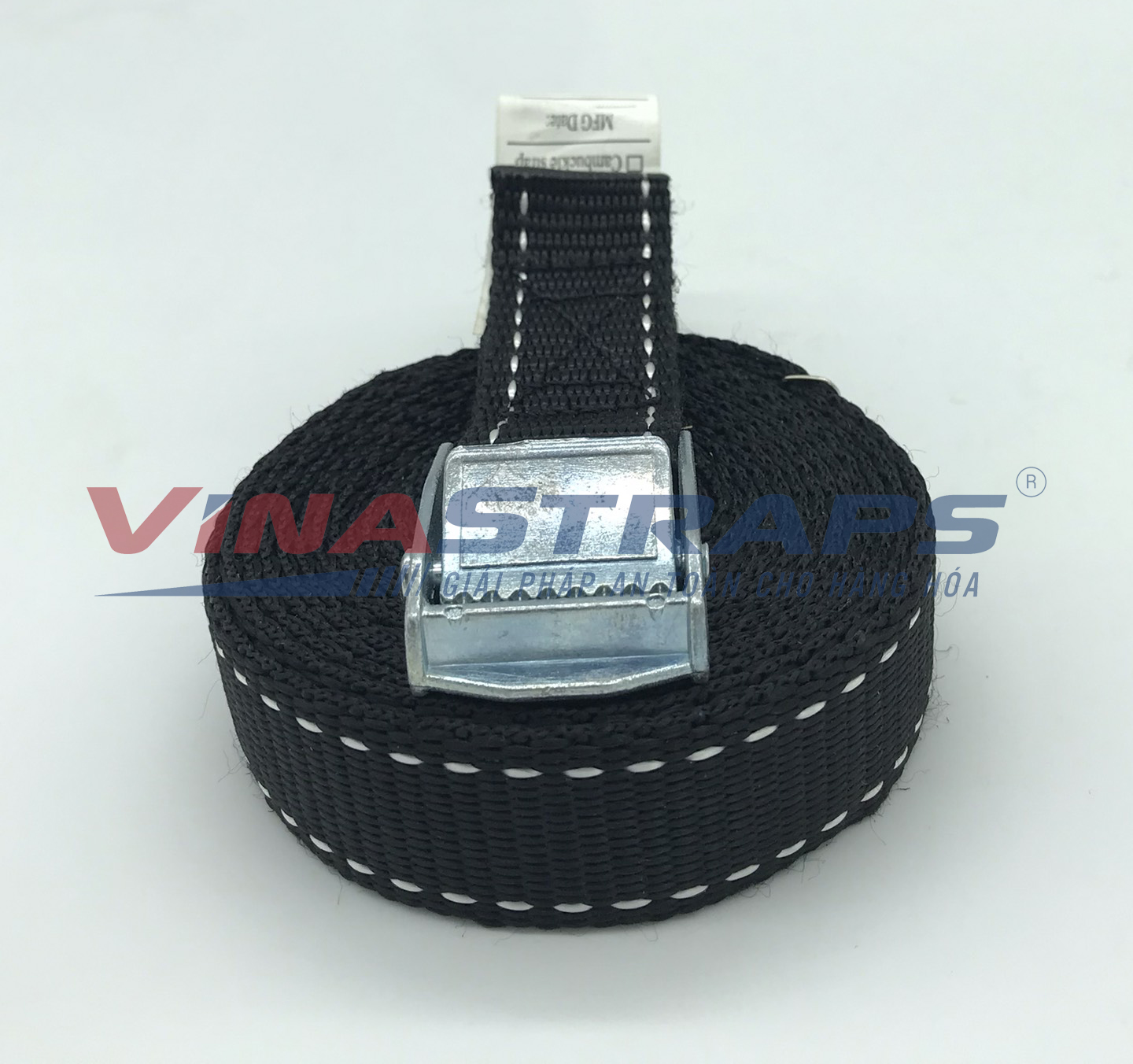 Dây chằng hàng khóa cam bản 25mm màu đen sọc trắng Dây chằng hàng khóa cam bản 25mm màu đen sọc trắng
