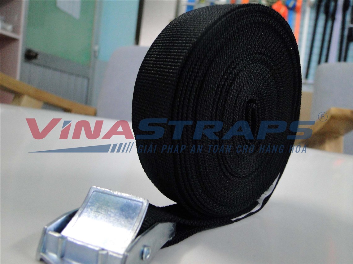 Dây chằng hàng khóa cam bản 25mmx250kgs đen không móc Dây chằng hàng khóa cam bản 25mmx250kgs đen không móc