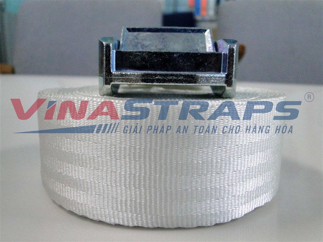 Dây chằng hàng khóa cam bản 38mmx1500kgs trắng không móc Dây chằng hàng khóa cam bản 38mmx1500kgs trắng không móc